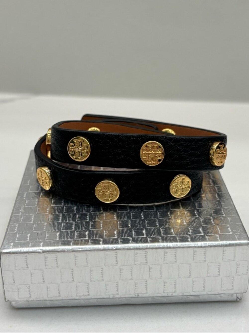 Tory Burch Black Leather Double-Wrap Bracelet with Gold Logo Studs